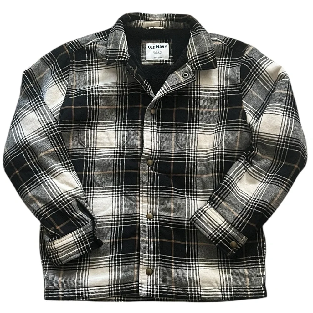 Boys Old Navy Plaid Sherpa-Lined Jacket XL Black White